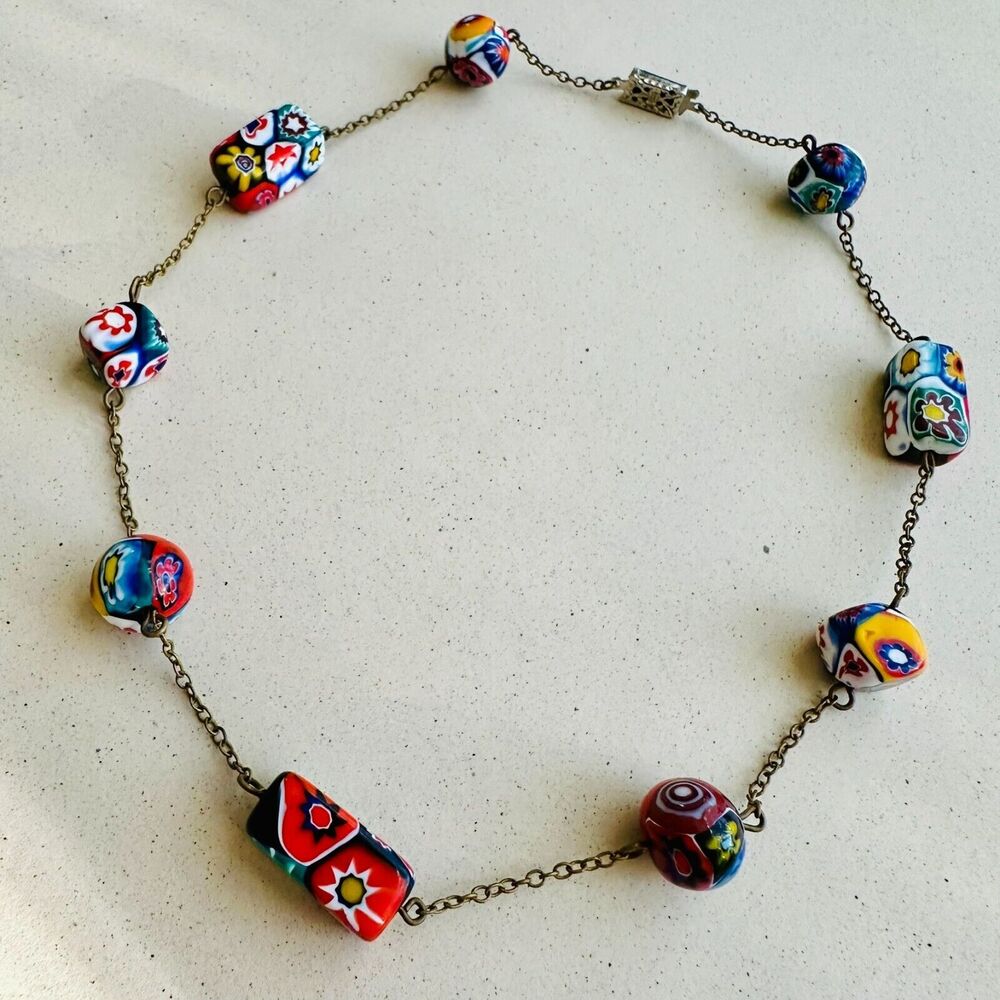 Vintage Venetian Murano Millefiori Bead Choker Necklace Mosaic Boho Art Deco